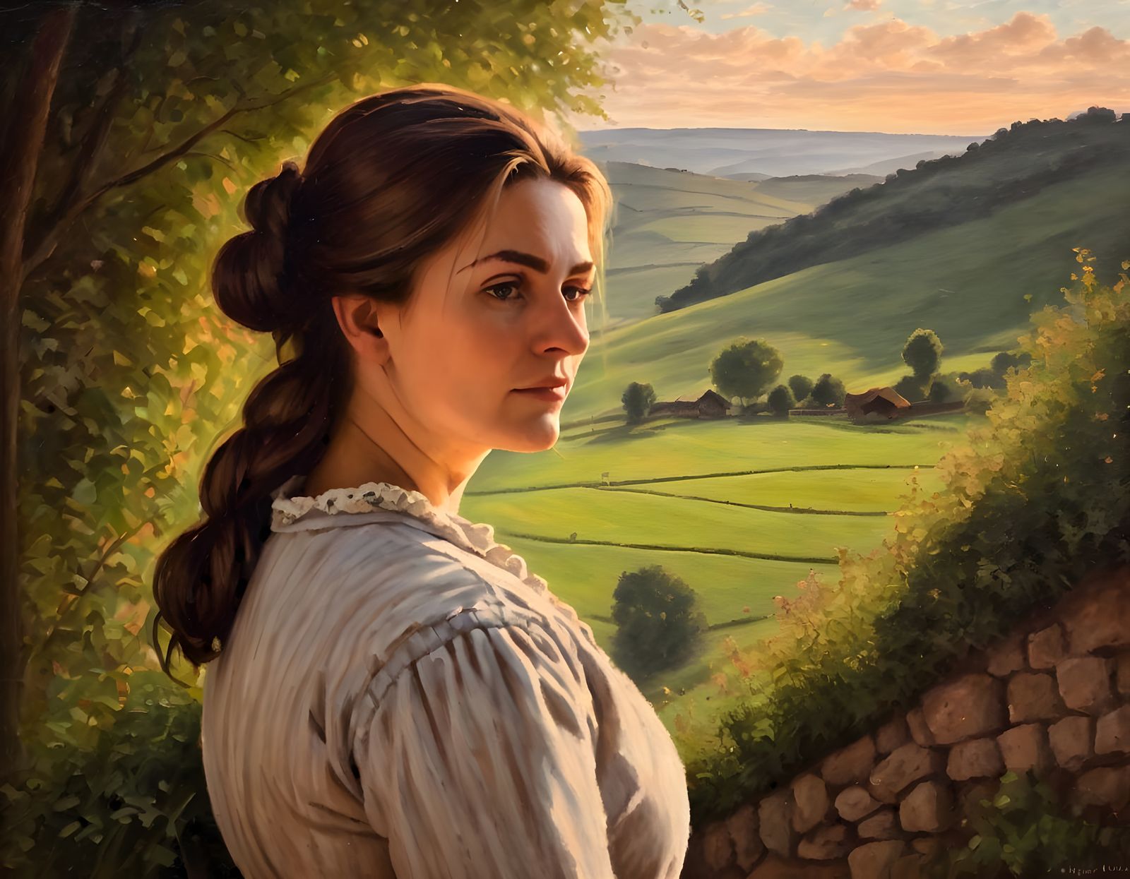 Victorian Country Woman Contemplating the Sunset Valley