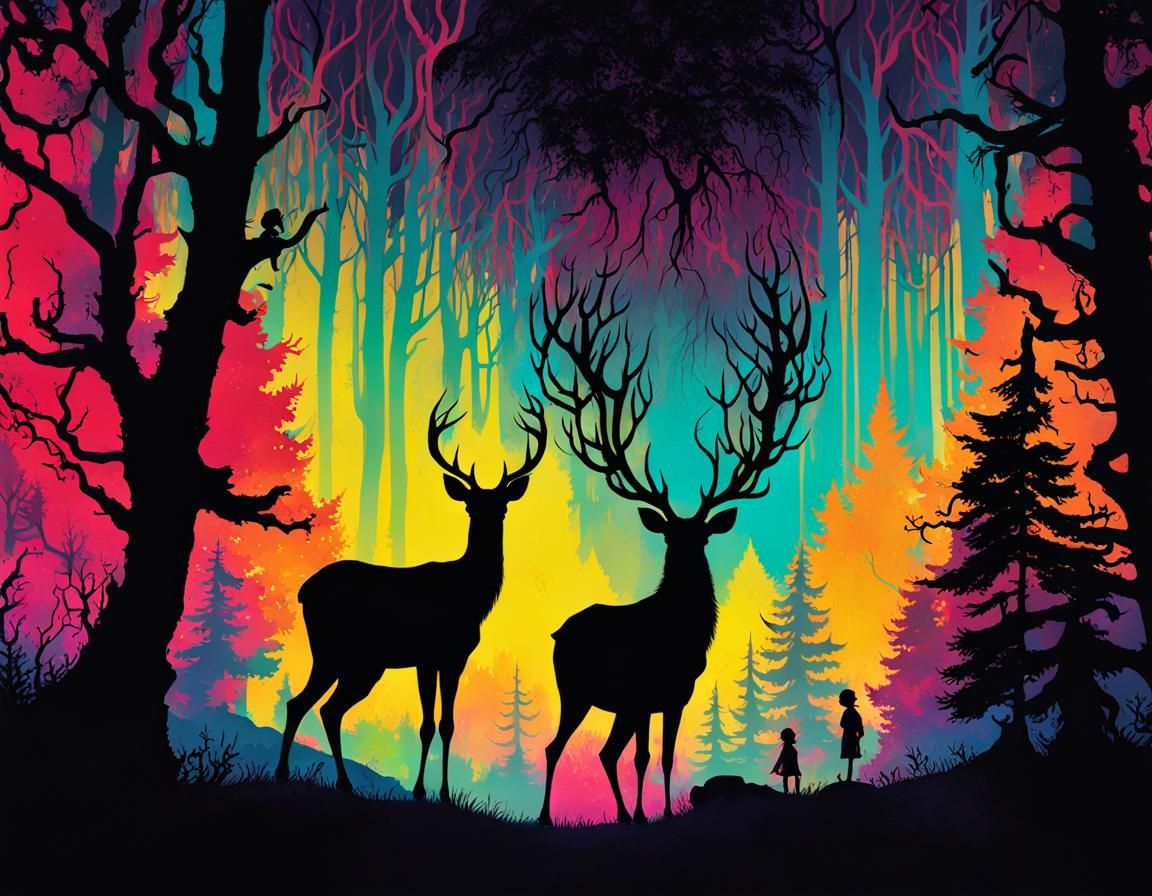 Whimsical Forest Silhouette with Deer and Boy