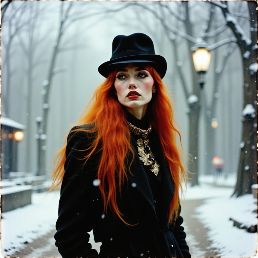 A very sad long red haired Tall Girl posing in deep snow