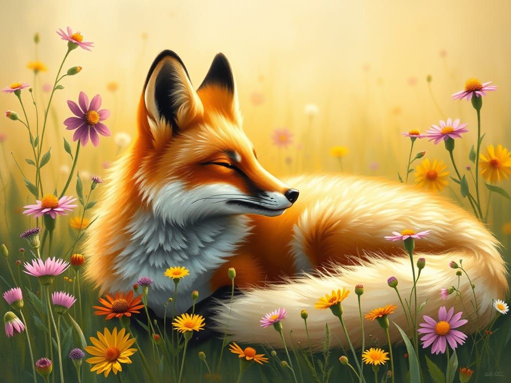 Serene Fox Lounging in a Wildflower Meadow