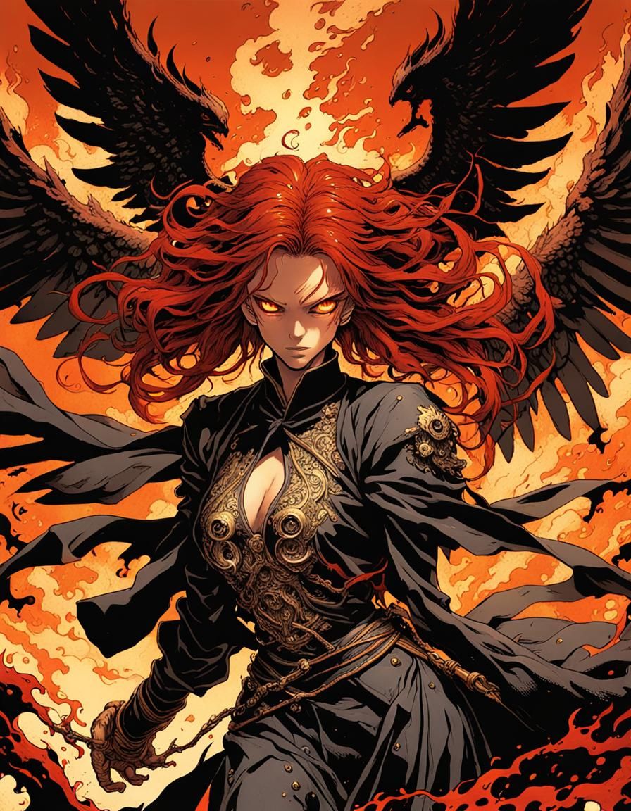 1995’ anime video game by Katsuya Terada , Dan Munford, A beautiful, angry, androgynous female fallen angel with withere...