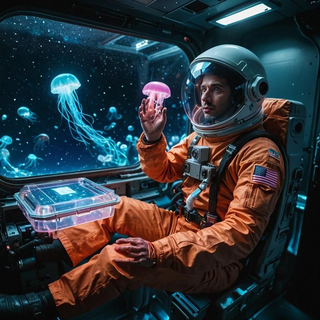 Astronaut Surrounded by Neon Jellyfish in Cosmic Space