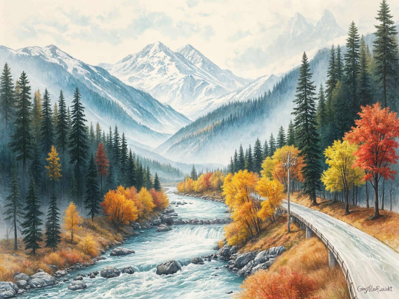 Autumn Forest Scene with Majestic Snow-Capped Mountains