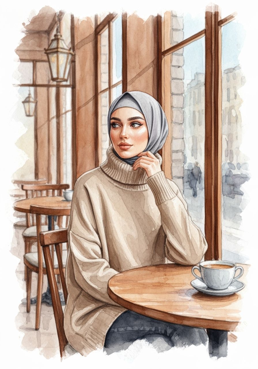 Watercolor Painting of Woman in Hijab at Cafe