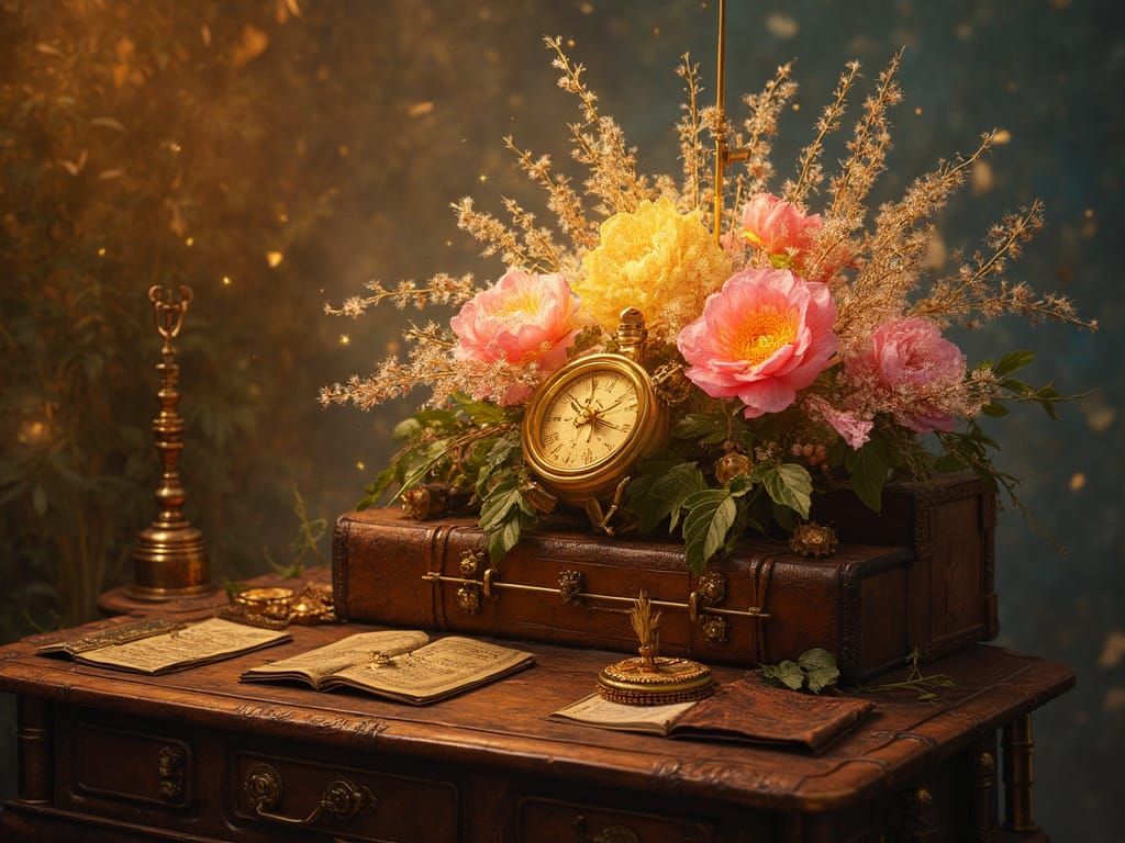 Whimsical Steampunk Fantasy Blooms in Golden Light
