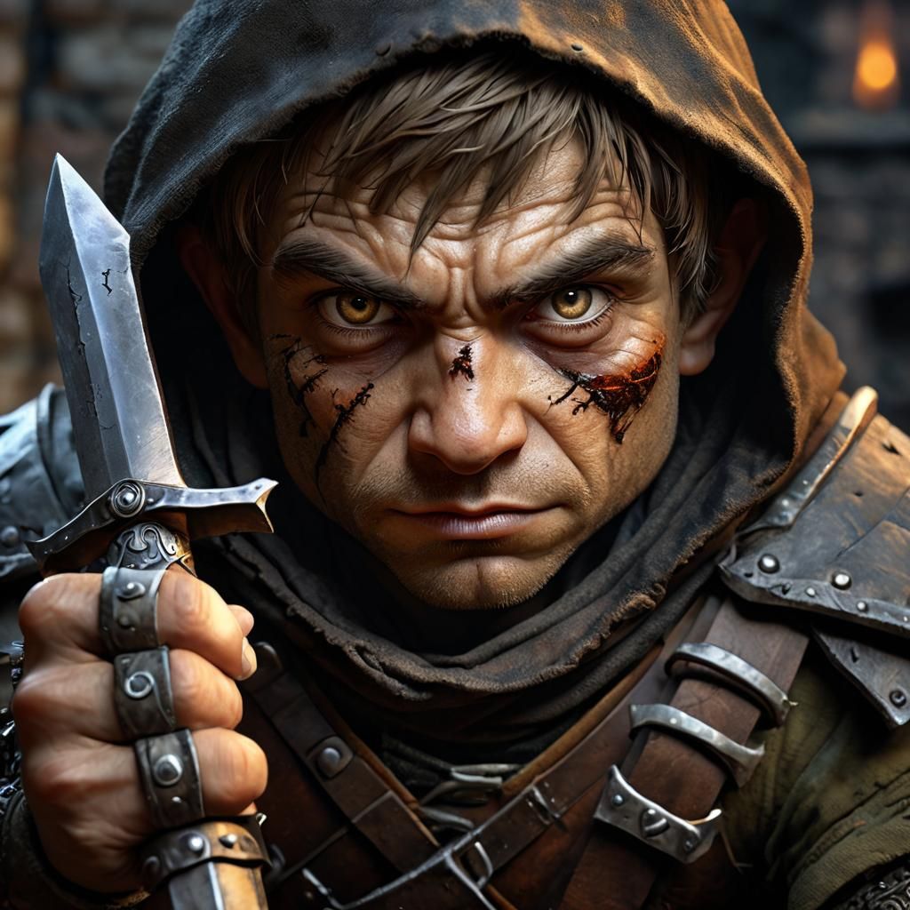 Gritty Halfling Rogue Portrait in Dark Fantasy Style