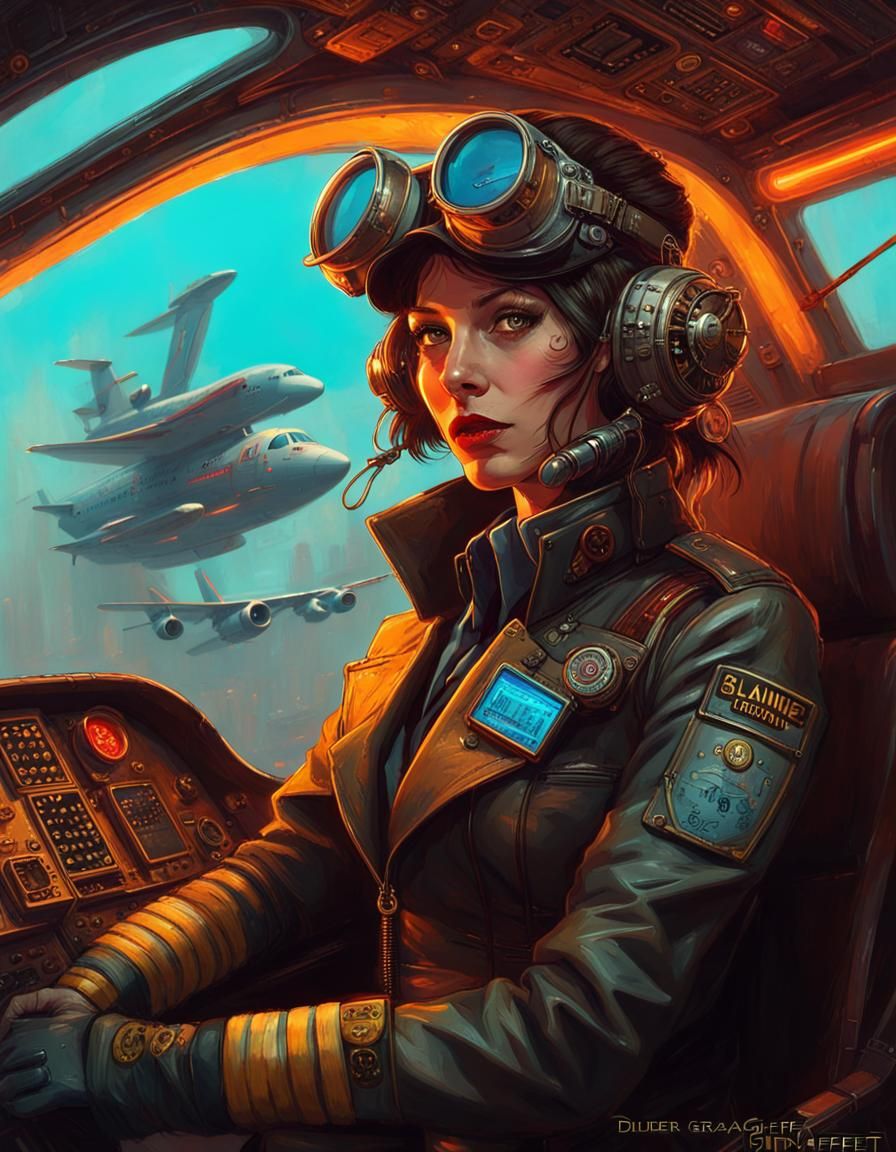 Steampunk Pilot in Cyberpunk Neon Future