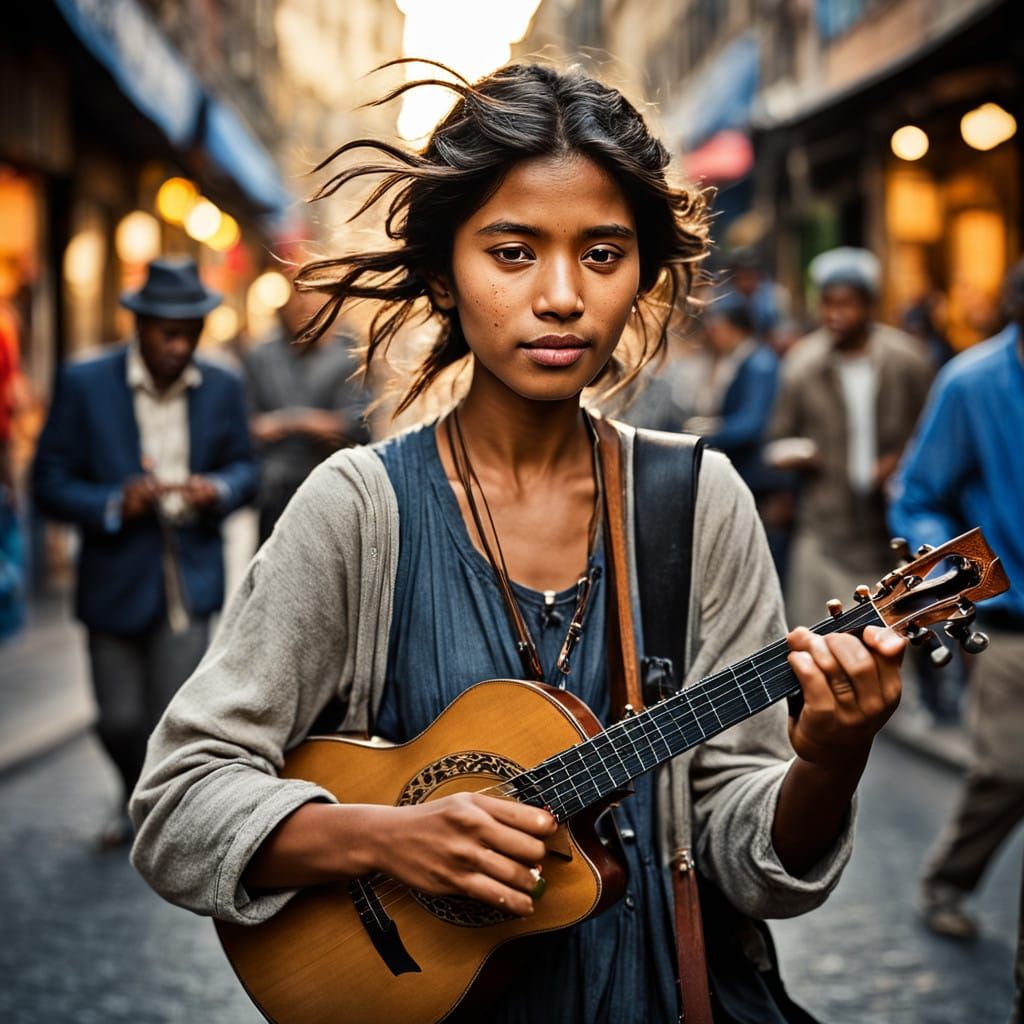 Young Zongora Player Lost in Music on the Street