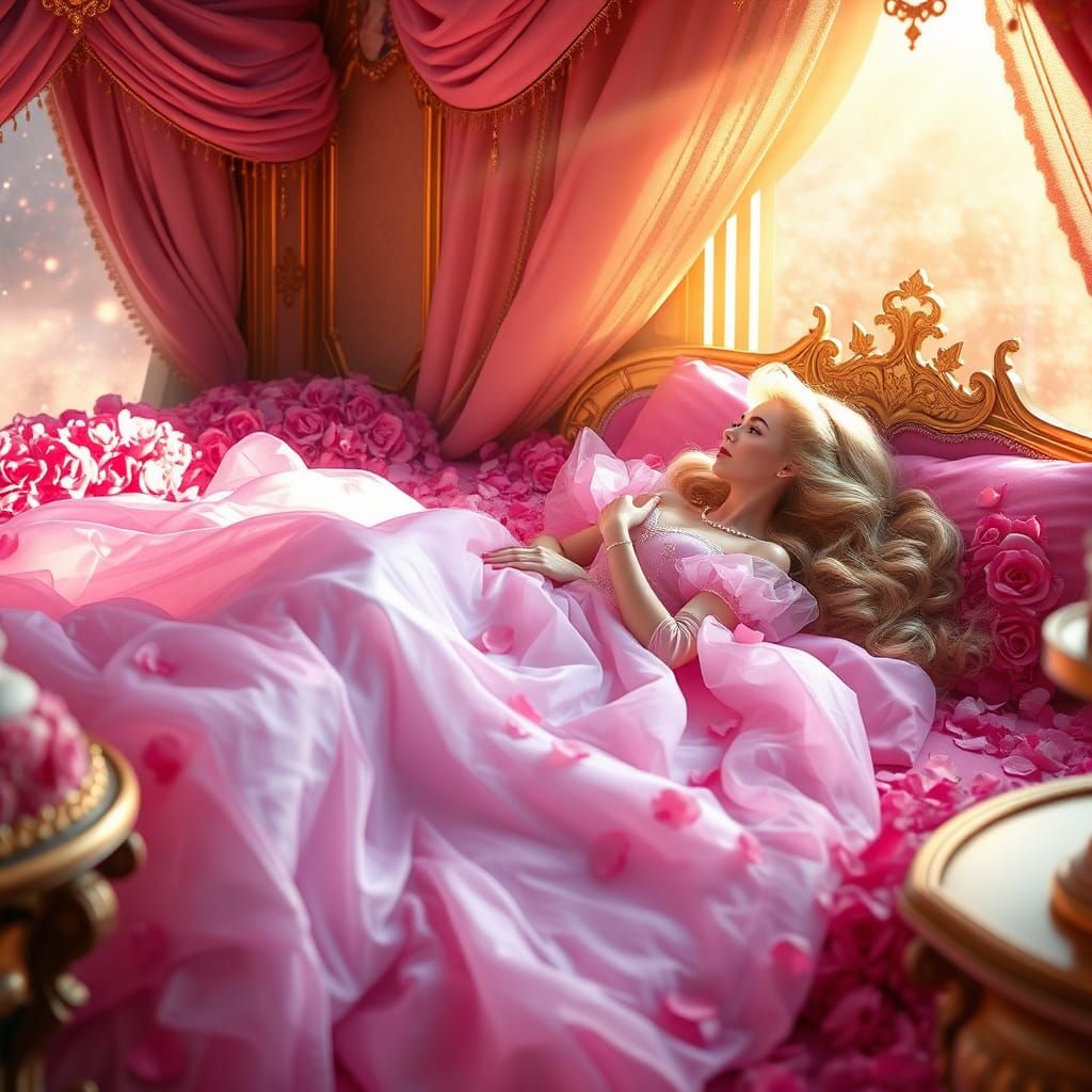 Princess Aurora in Rose Bed with Golden Light