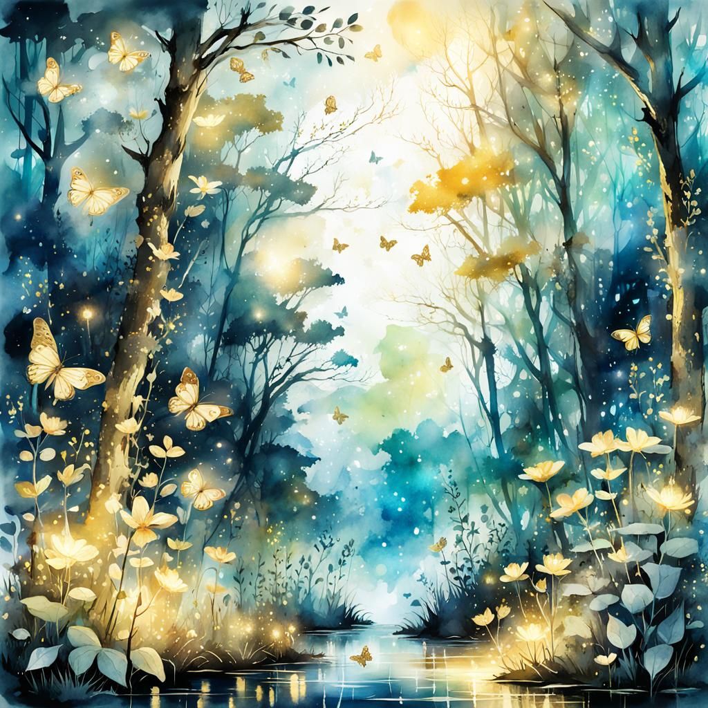 Enchanting Forest at Night in Watercolor Style