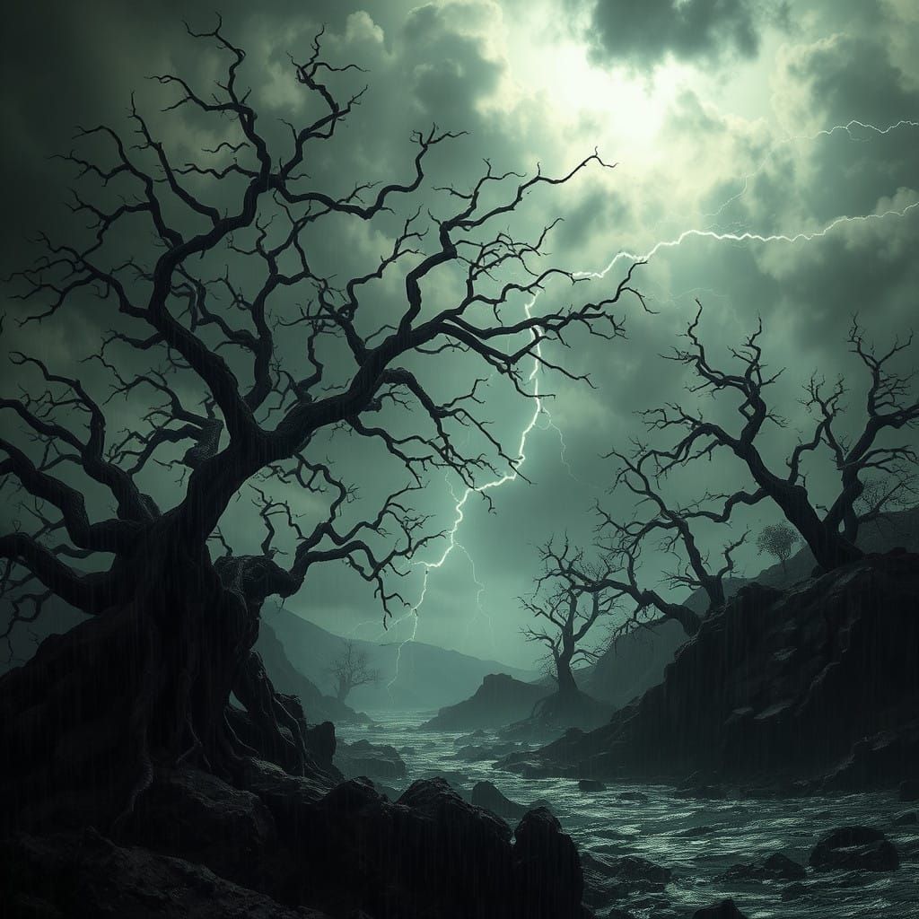 Mystical Stormscape with Ancient Trees and Electrified Skies