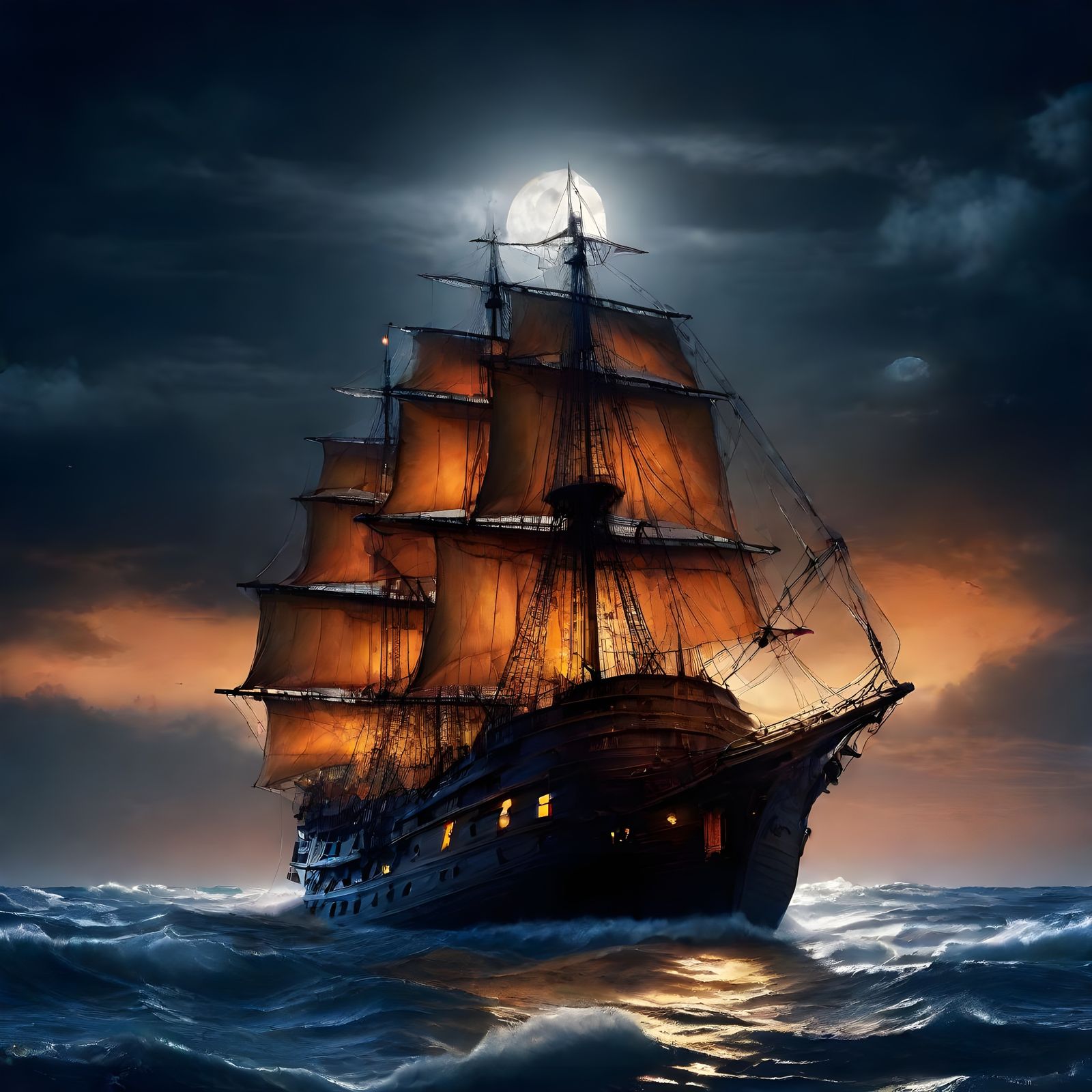 Old Ship at Night Under Moonlight, Detailed Matte Painting