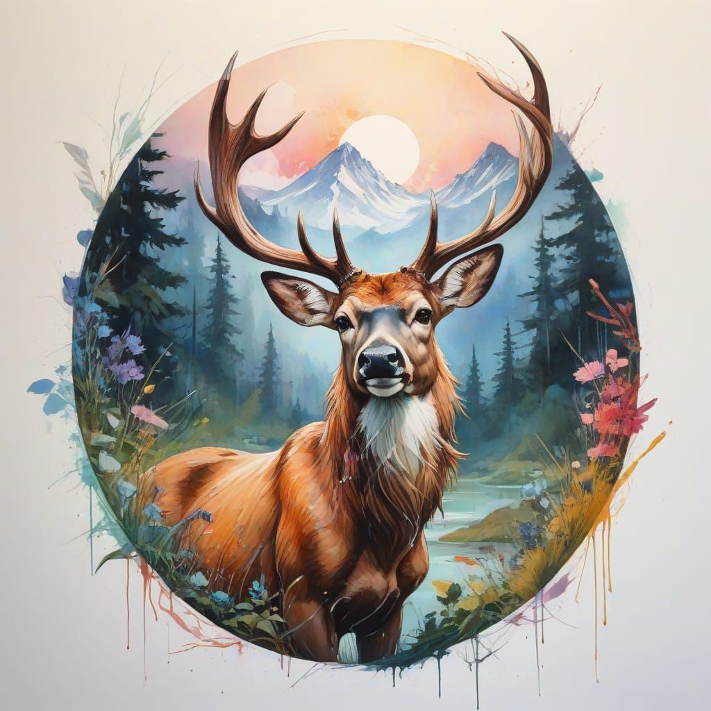 Whimsical Watercolour Dreamscapes: Majestic Buck in Serene L...