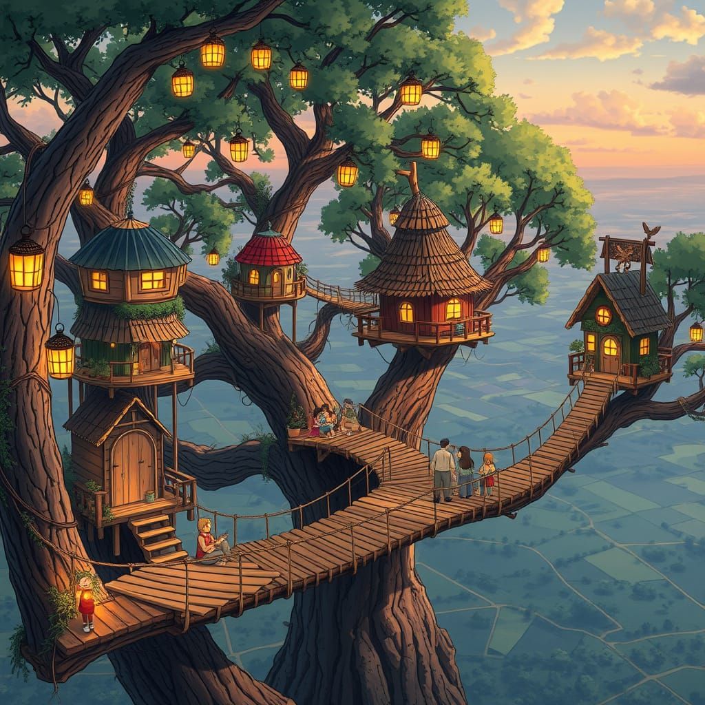 Whimsical Treehouse Village in Vibrant Studio Ghibli Style
