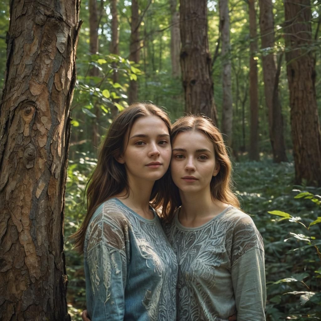 Intimate Portrait of Women Cuddling in Ancient Woods