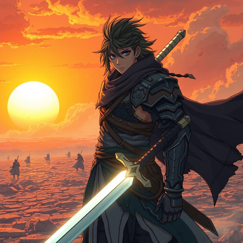 Anime Warrior in Tattered Cape, Sunset Glow