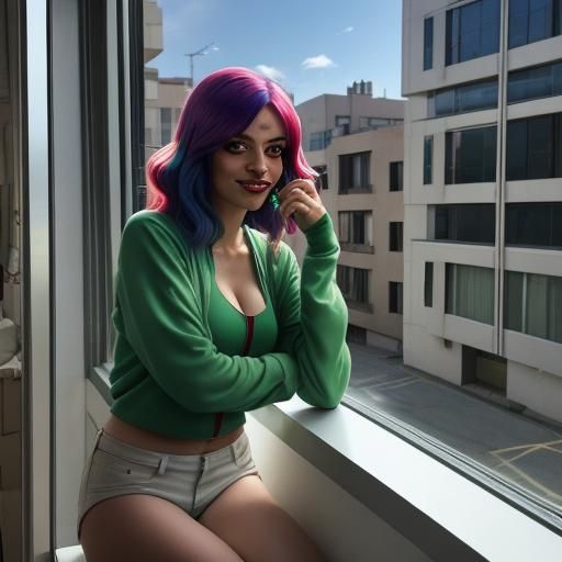 Leela, Fry's green-haired girlfriend, peeks out from a nearby apartment window, a playful smirk on her face. A half-eate...