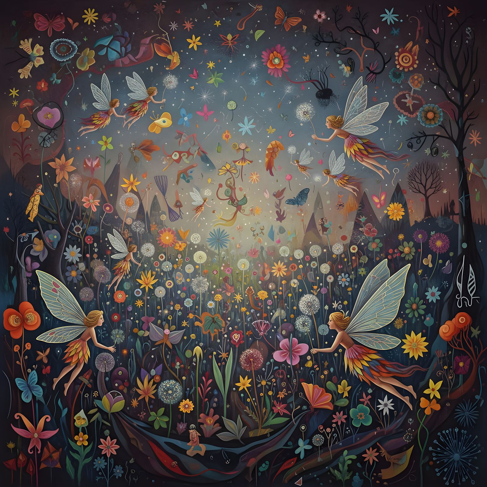 Winged Fairies in Dandelion Dreamscape: Abstract Art