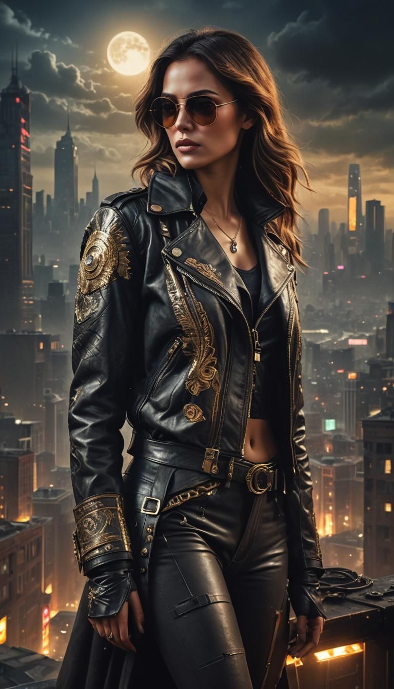 Elegant Woman in a Futuristic Cityscape, Intricately Detaile...