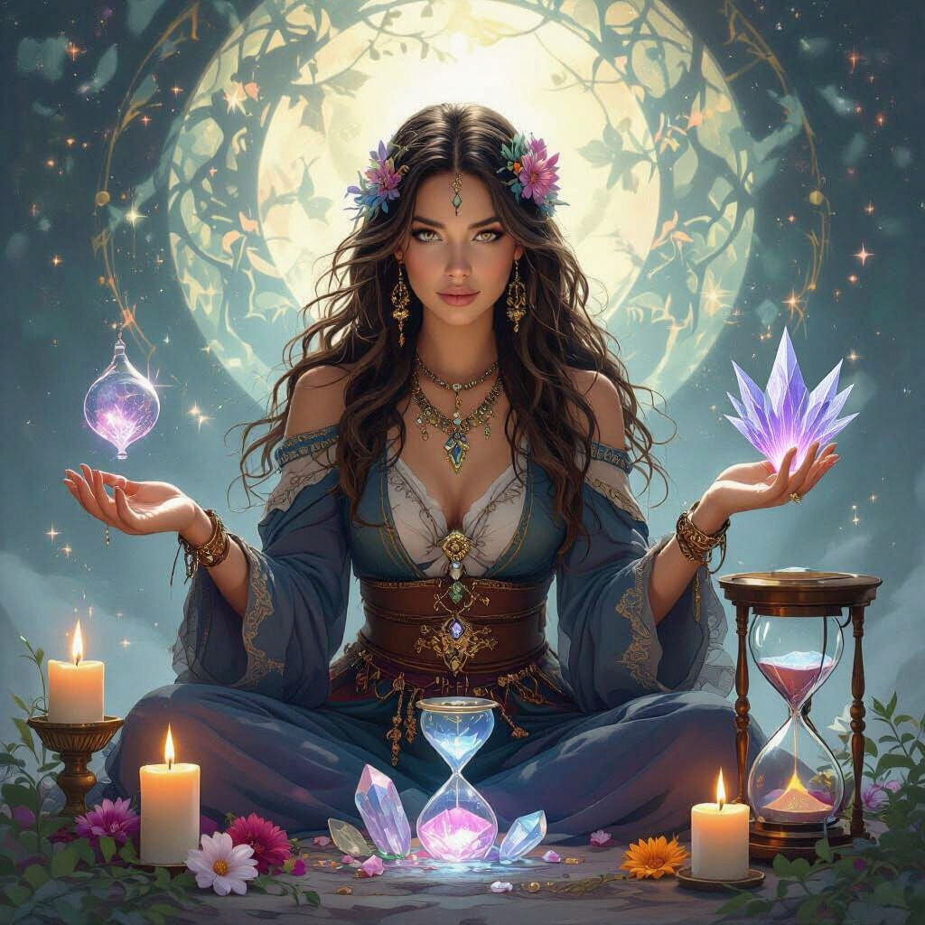 Alchemist Woman with Magic Elements and Candles