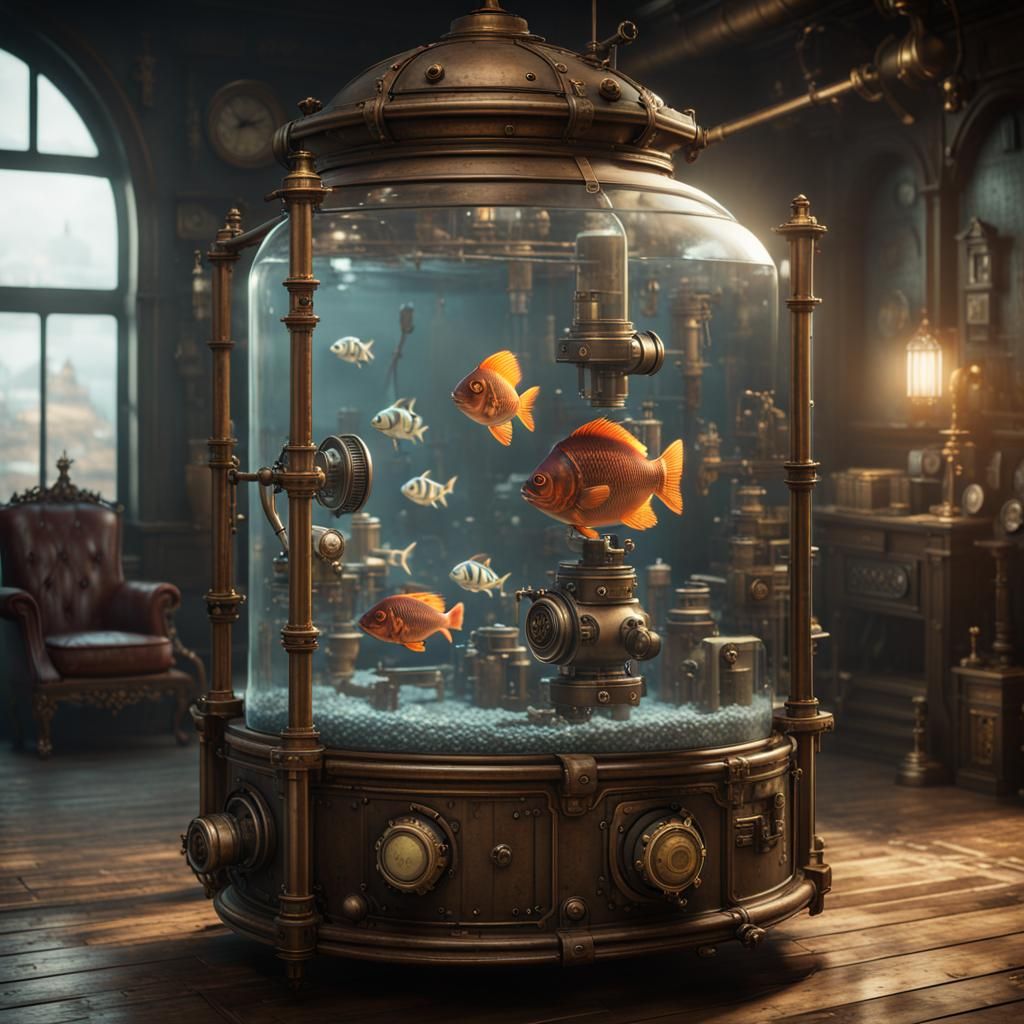 Steampunk Fish Tank in 3D Cinematic Style