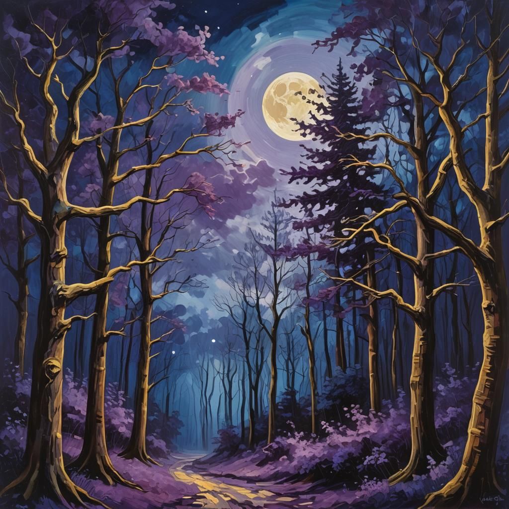 Ethereal Moonlit Forest in Impressionist Style
