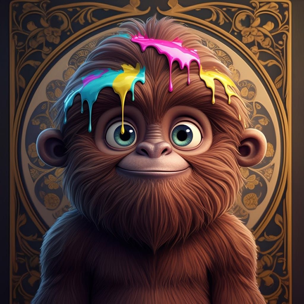 Whimsical Sasquatch in Art Nouveau Style with Pop Art Accent...