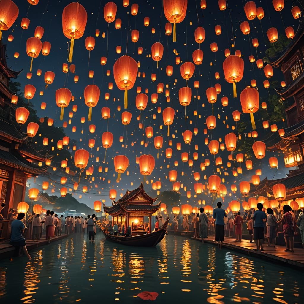 Loi Kratong Lantern Festival at Night