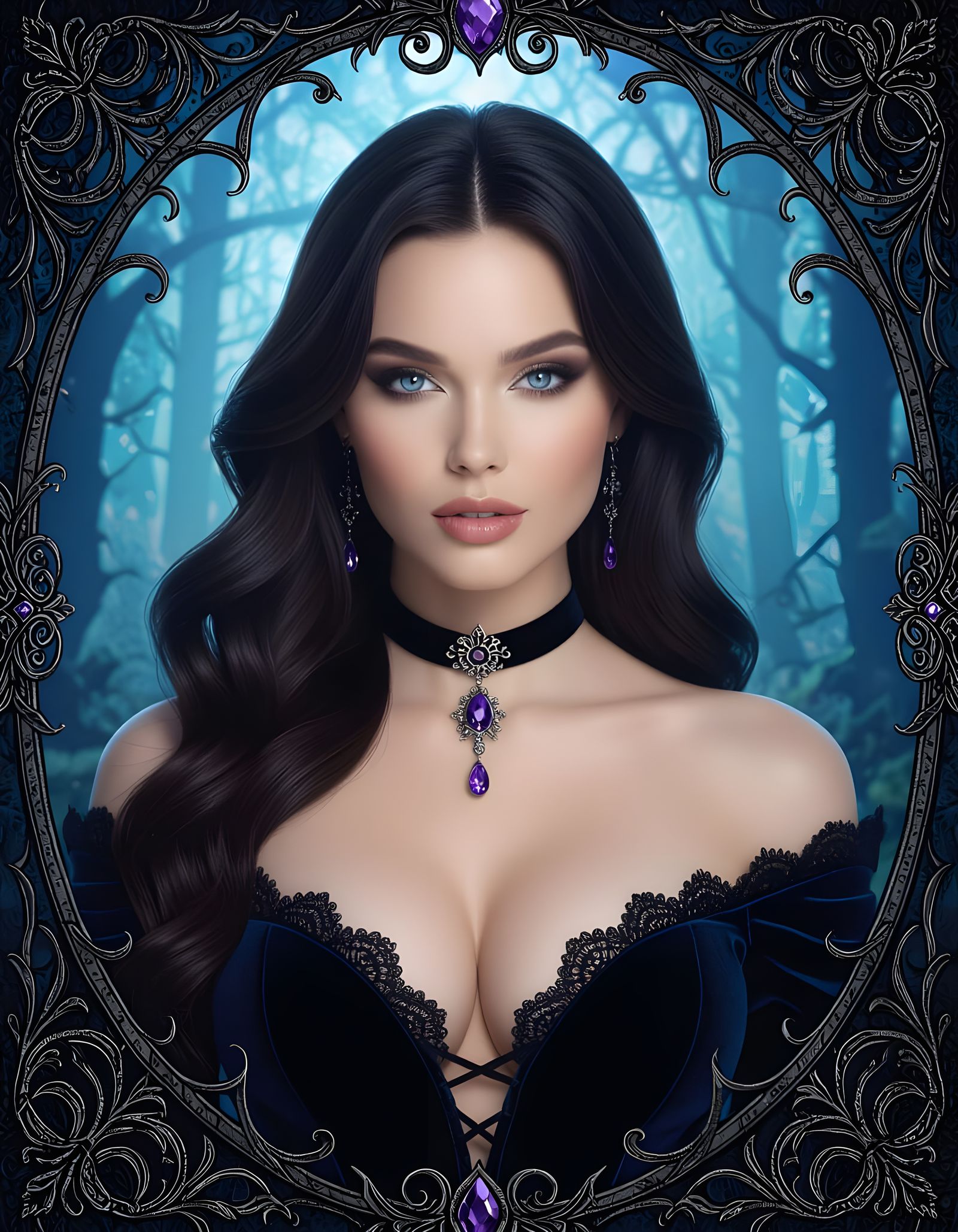 Sensual Brunette Sorceress in Dark Fantasy Forest