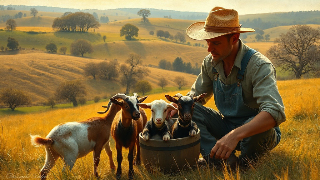 Farmer Feeding Goats in Golden Landscape
