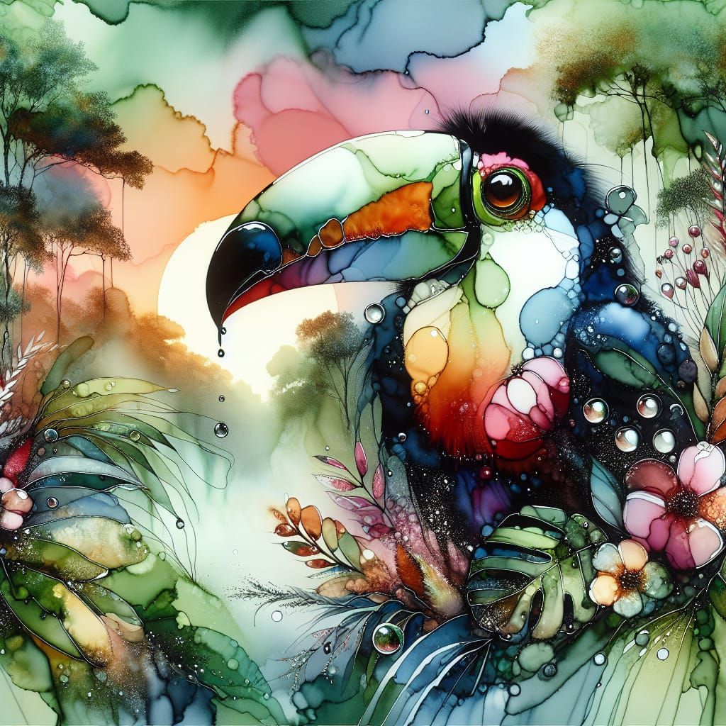 Exotic Toucan in Rainforest, Alcohol Ink Art