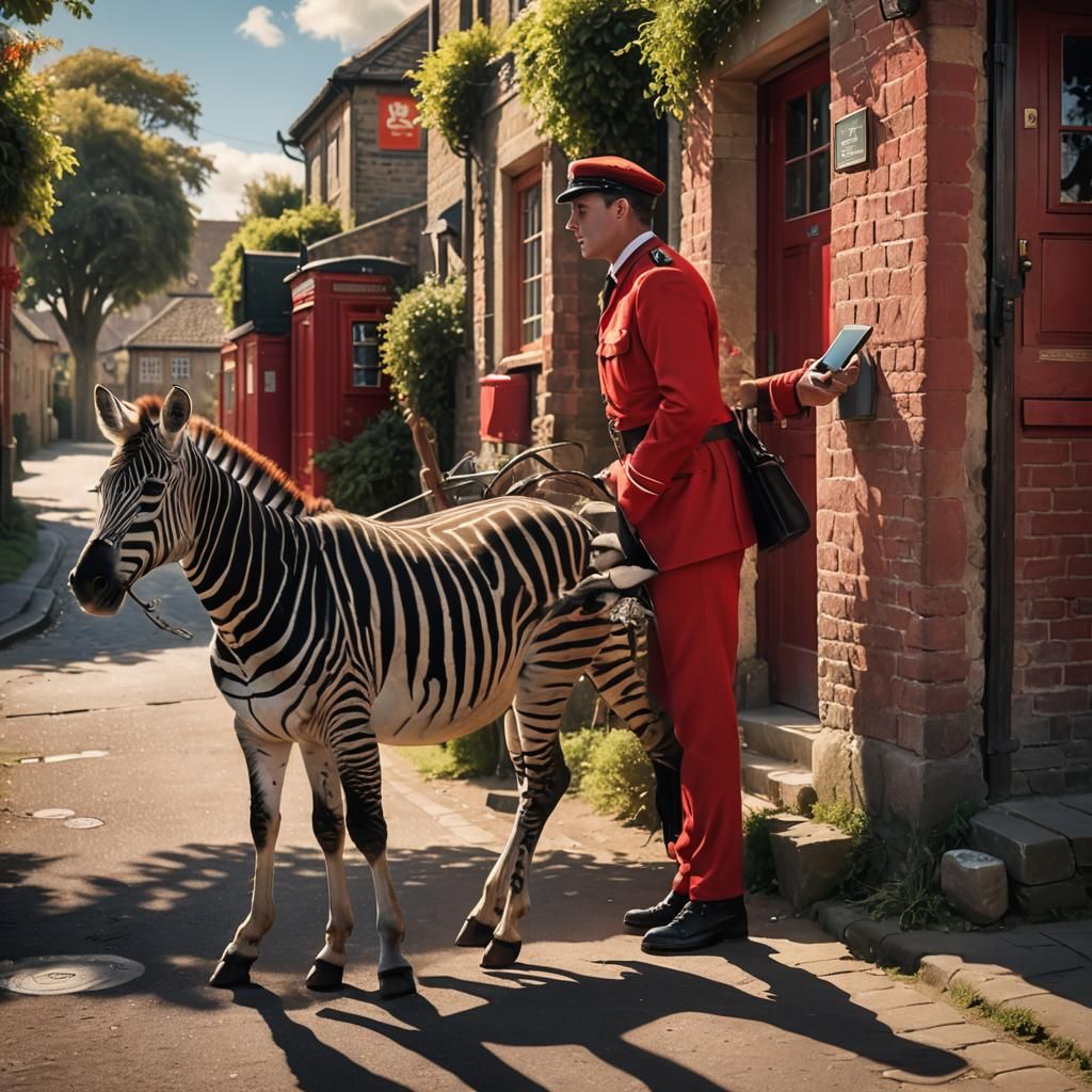 Postman on Zebra in English Village, Matte Painting