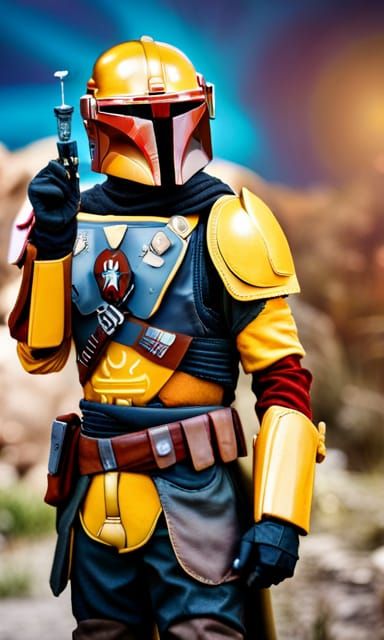 Mandalorian in Yellow Armor Holding Syringe