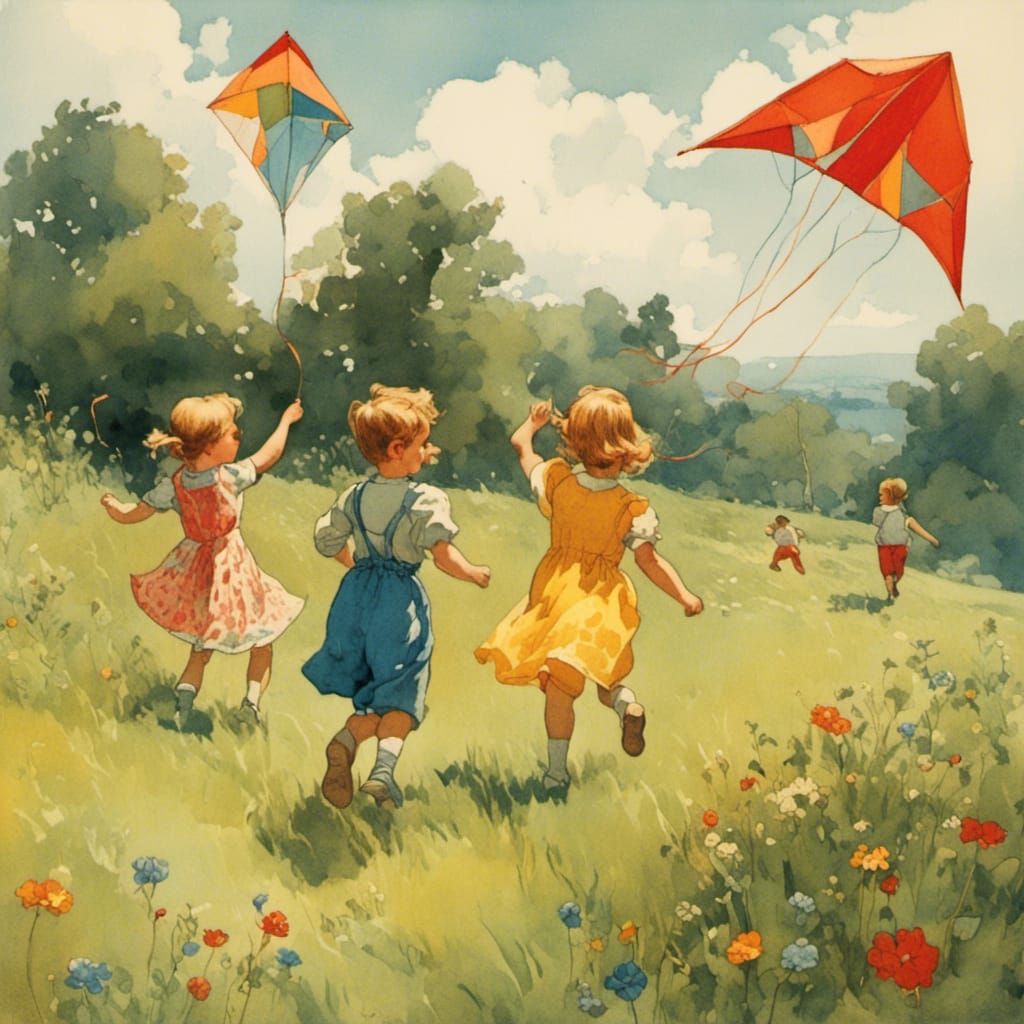 Children Flying Kites in Sunny Meadow Illustration