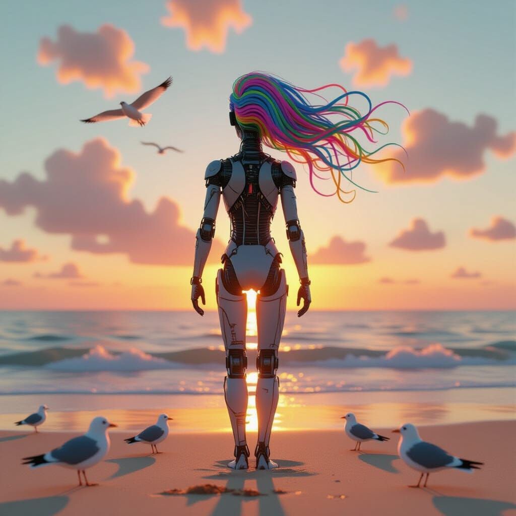 Wire Humanoid Watching Sunset in Anime Style