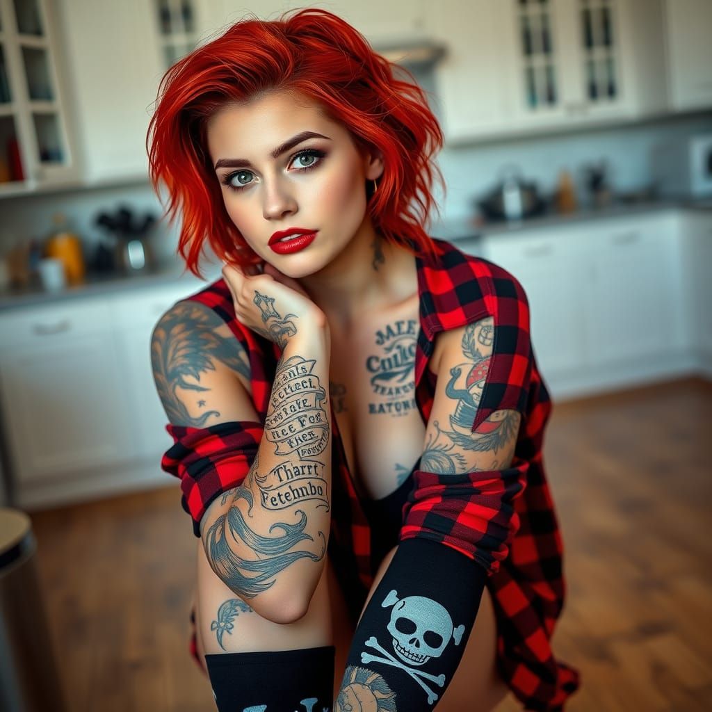 Vibrant Red Haired Woman Showcased in Tattooed Portrait with...