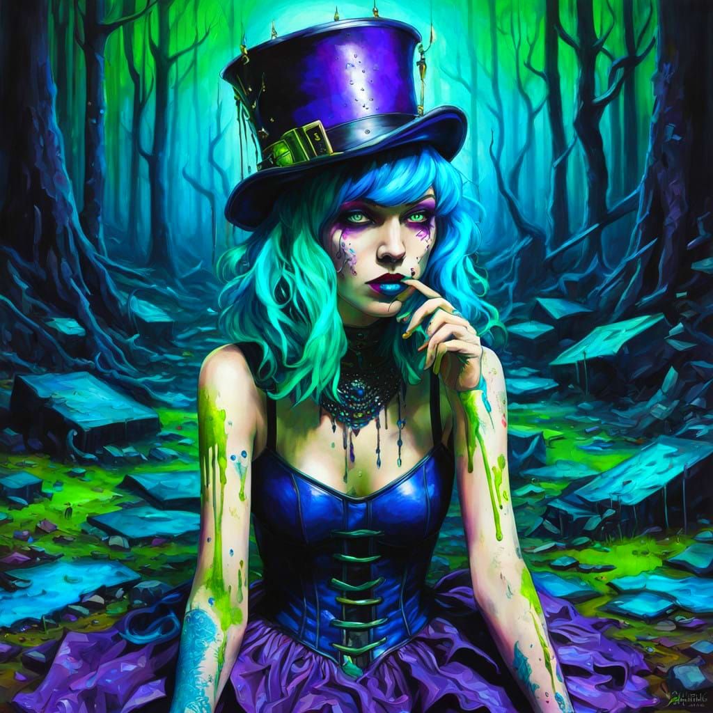 Surreal Cyberpunk Goddess in Dark Enchanted Forest