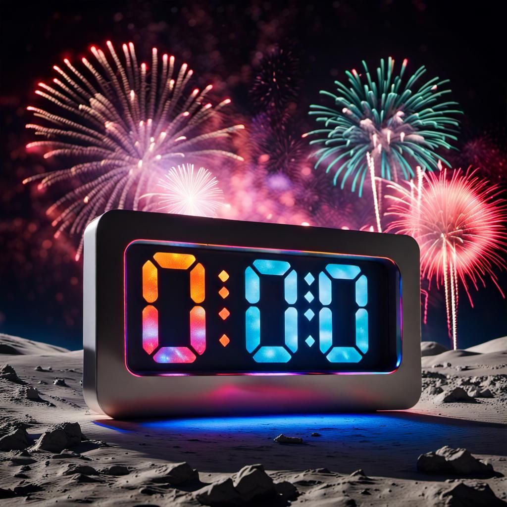 Futuristic Clock on Moon with Fireworks