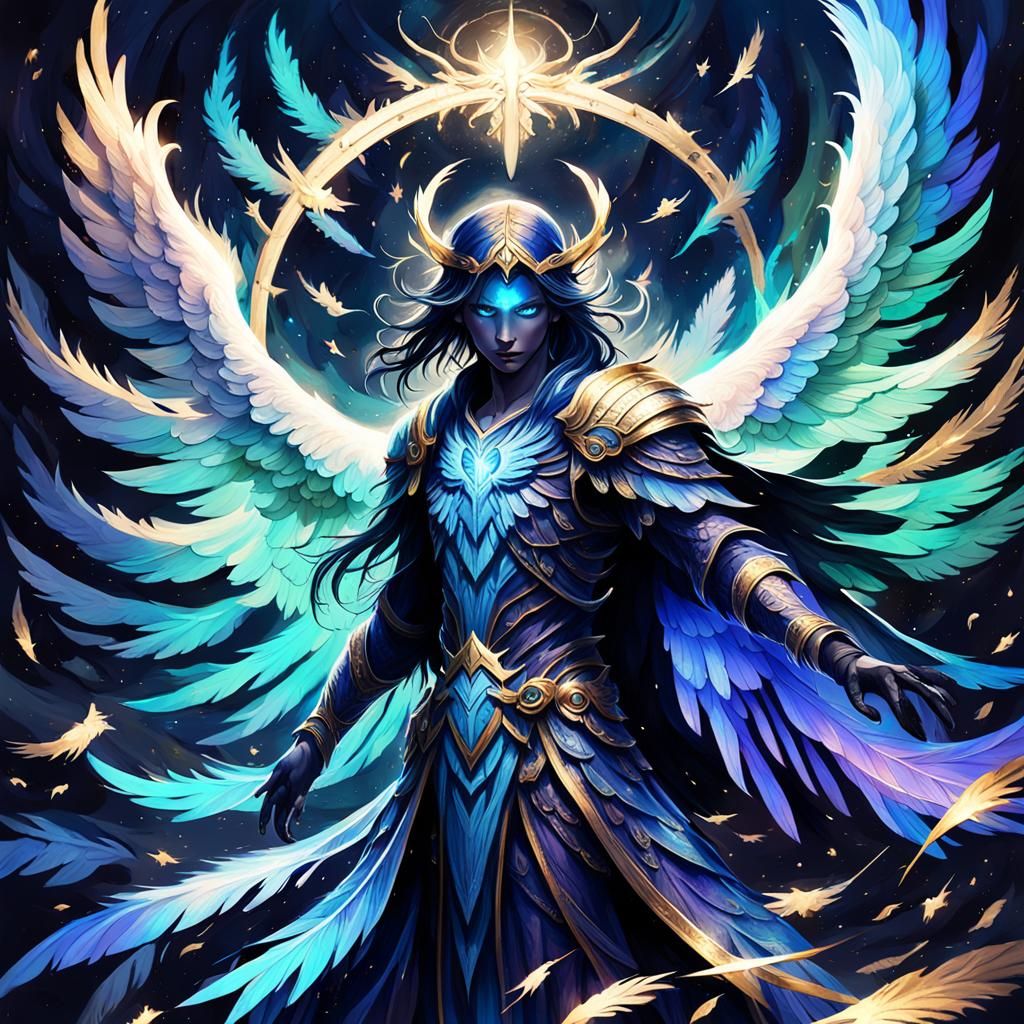 Celestial Angel with Blue Wings, Dark Fantasy Art