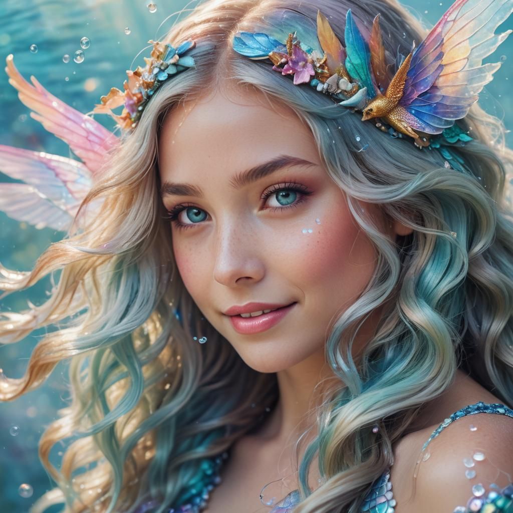 Smiling Mermaid with Iridescent Wings Portrait