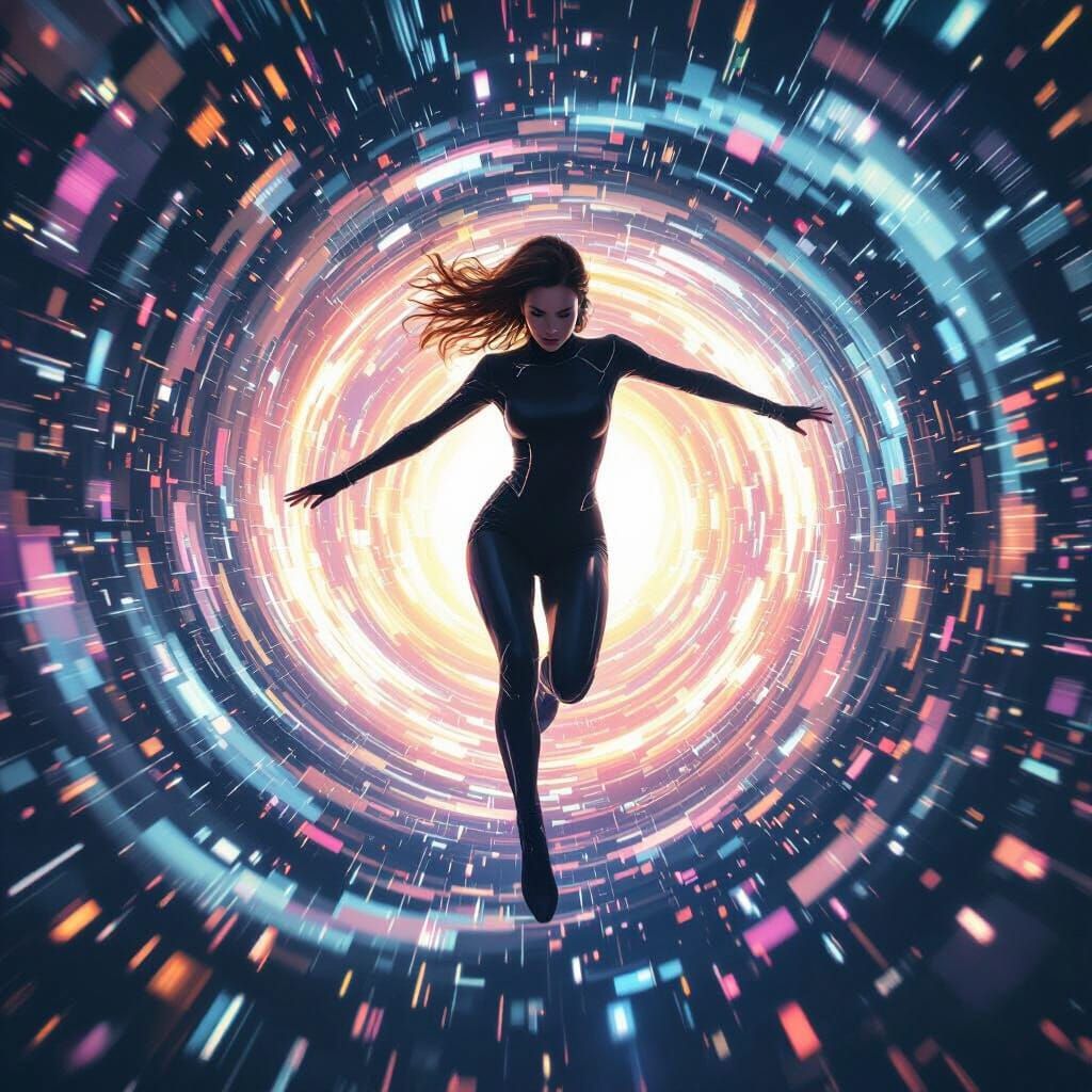 Woman Leaping Through Wormhole in Cyberpunk Style