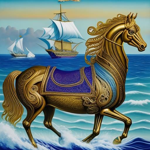 Golden Quilled Horse at Sea in Surreal Style