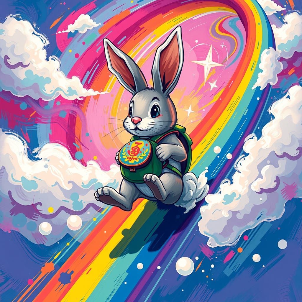 Vibrant Bunny Slides Down a Swirling Rainbow