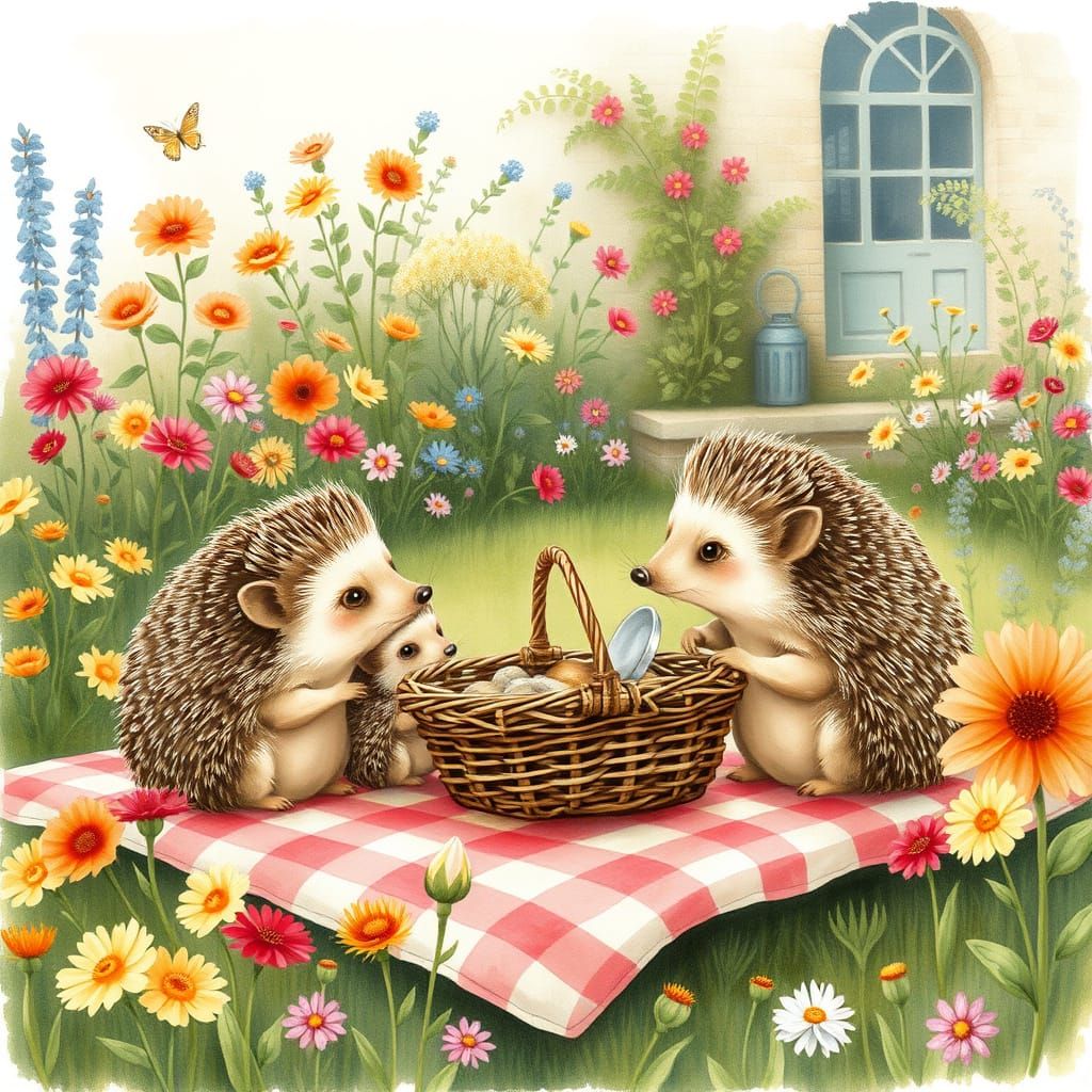 Hedgehog Family Picnic in Watercolor Storybook Garden