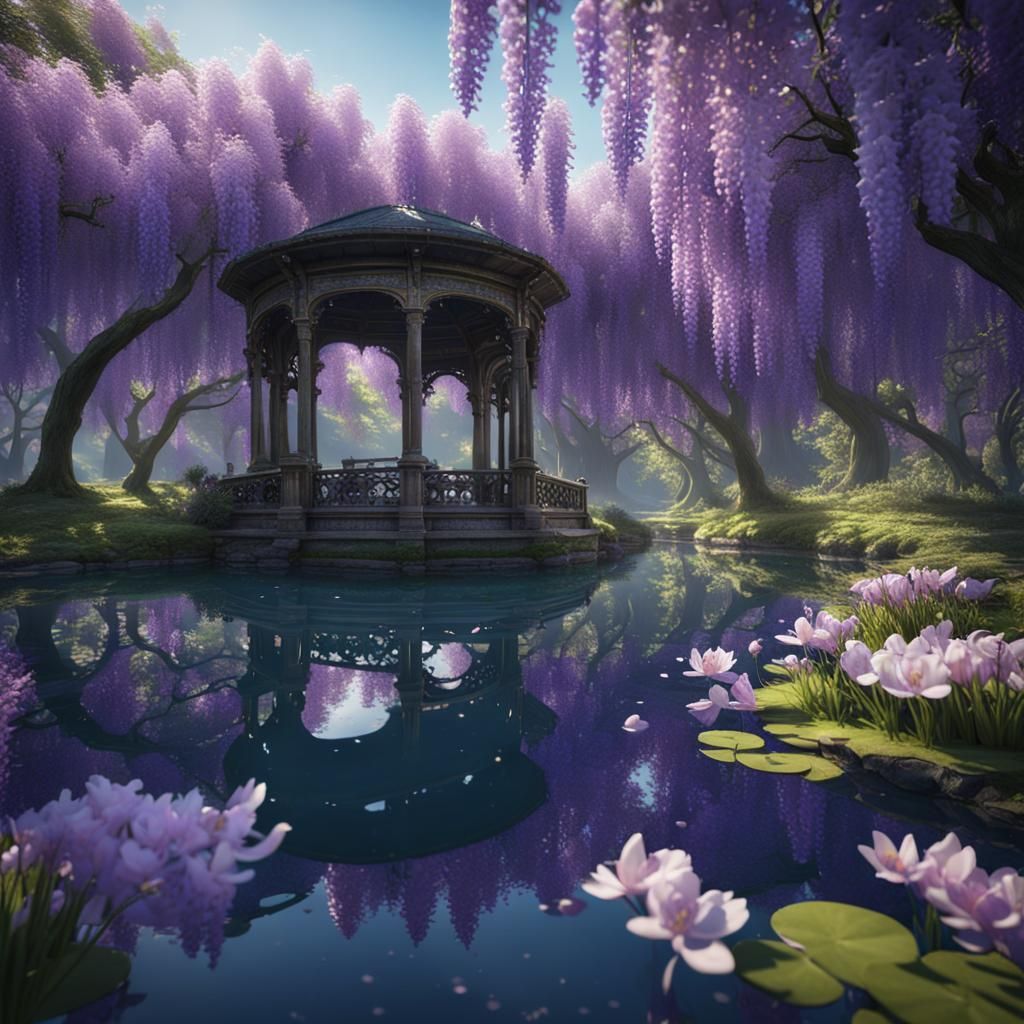 Wisteria-Framed Pond in Detailed Matte Painting Style