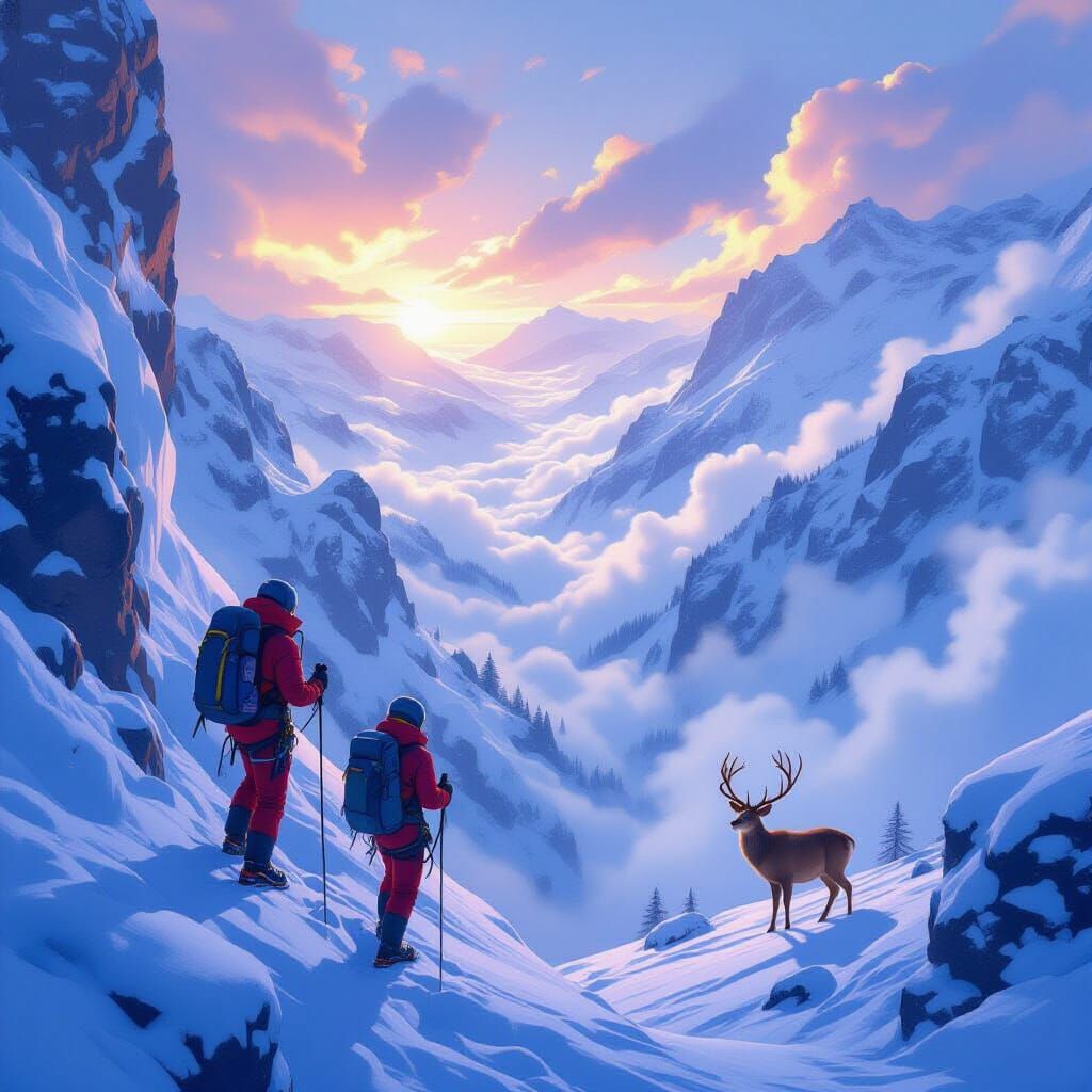 Ice Climbers Ascend Misty Mountains with Distant Deer