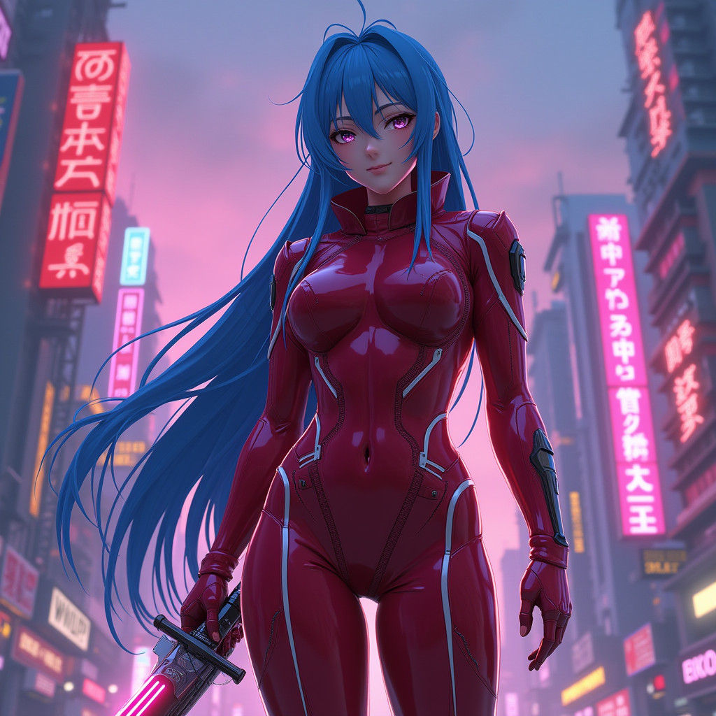 Anime Heroine in Neon City, Sci-Fi Cyberpunk Art