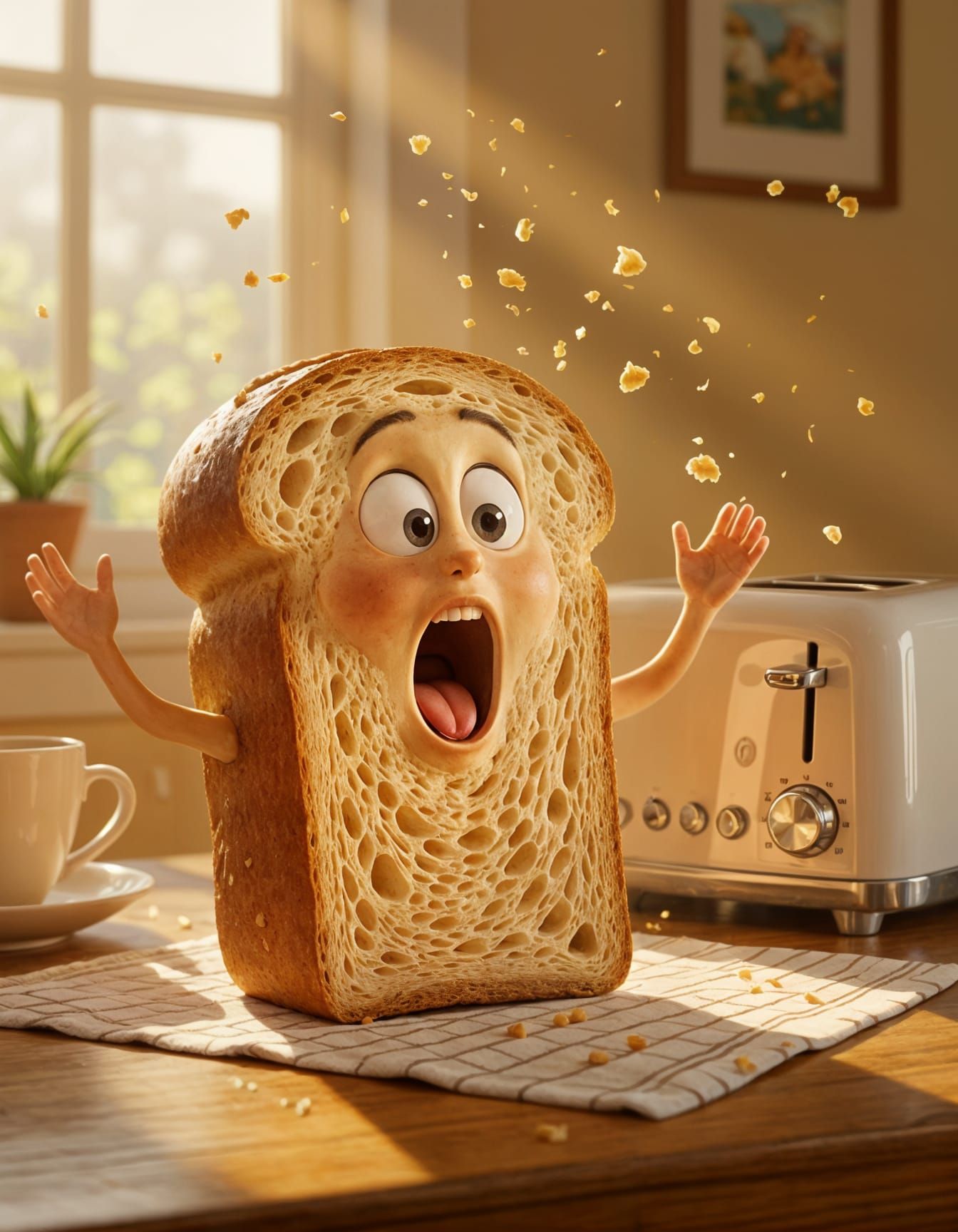 Anthropomorphic Bread Yawning in Morning Light