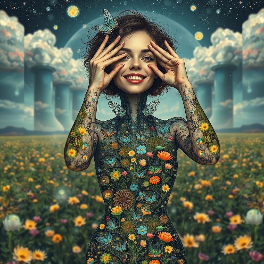 Bio-Art Collage of Woman as Interconnected Ecosystem