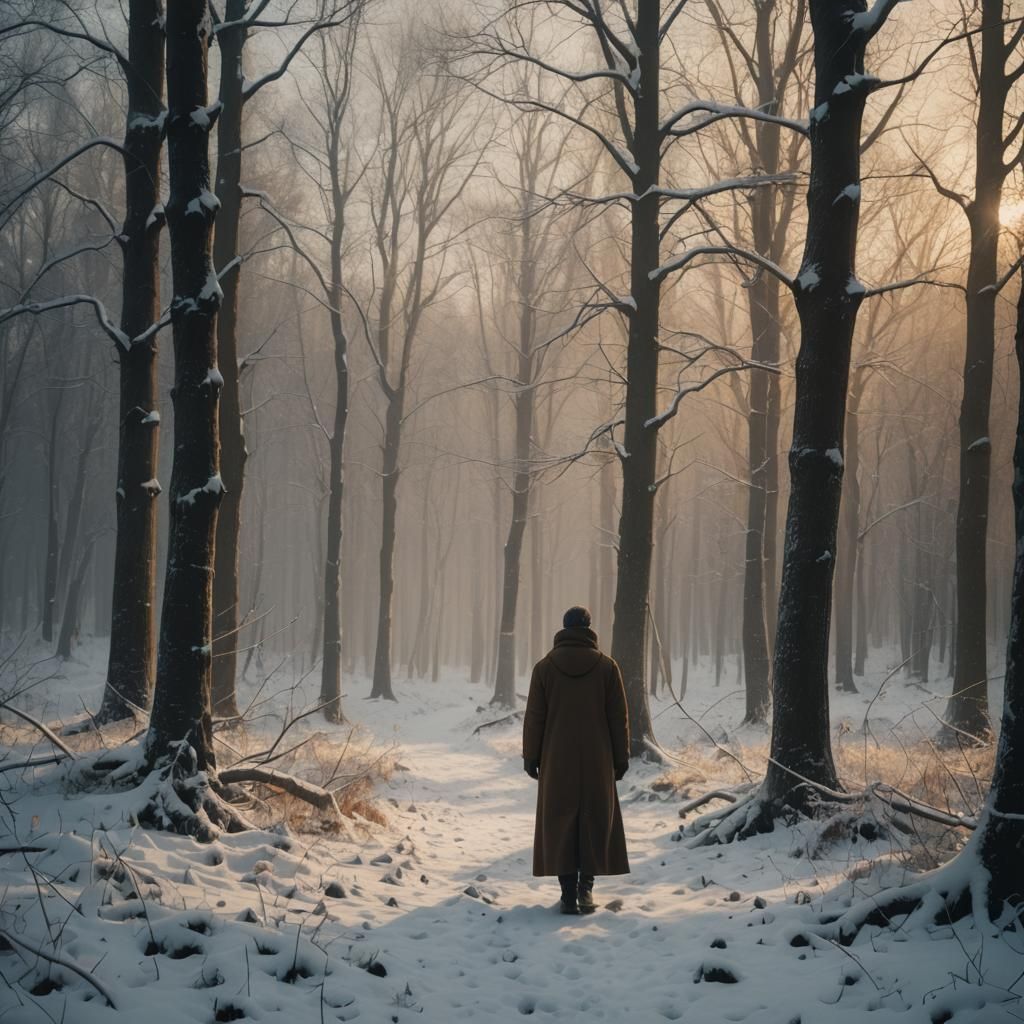 Lone Figure in Winter Forest Film Still